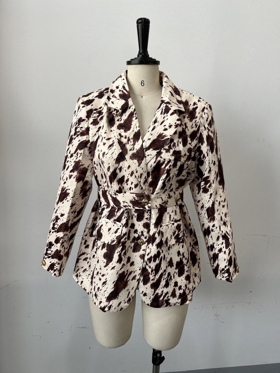 Women Fall Career Brown Printed Long-Sleeved Blazer Coat 9