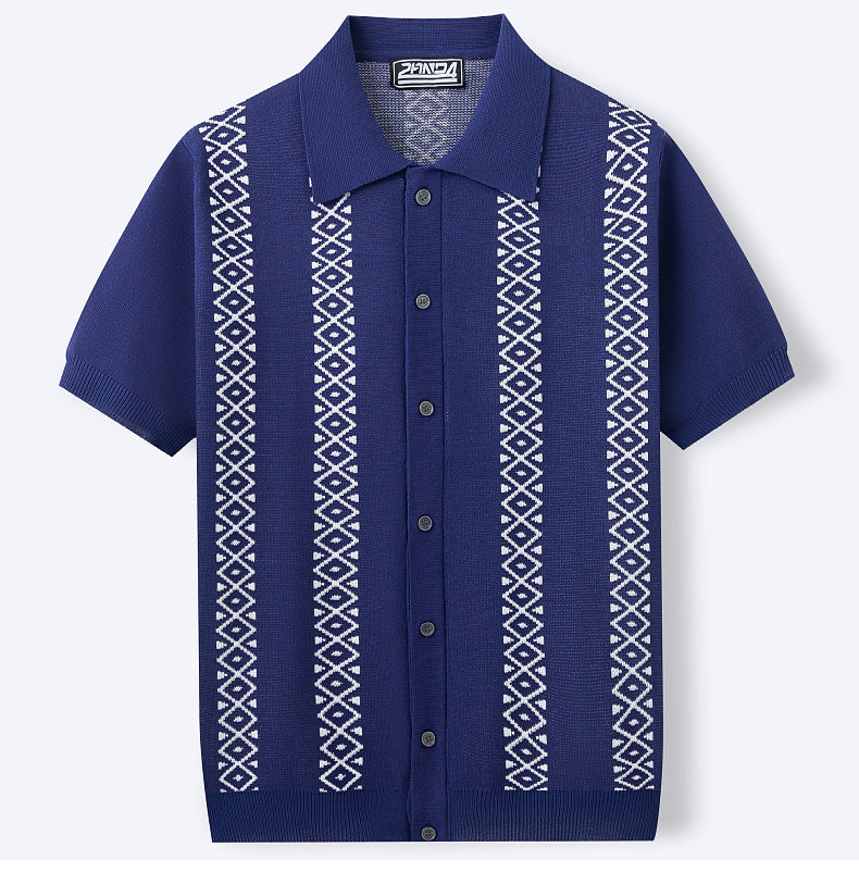 Men's Summer Striped Jacquard Knitting Short Sleeve Polo Top 13