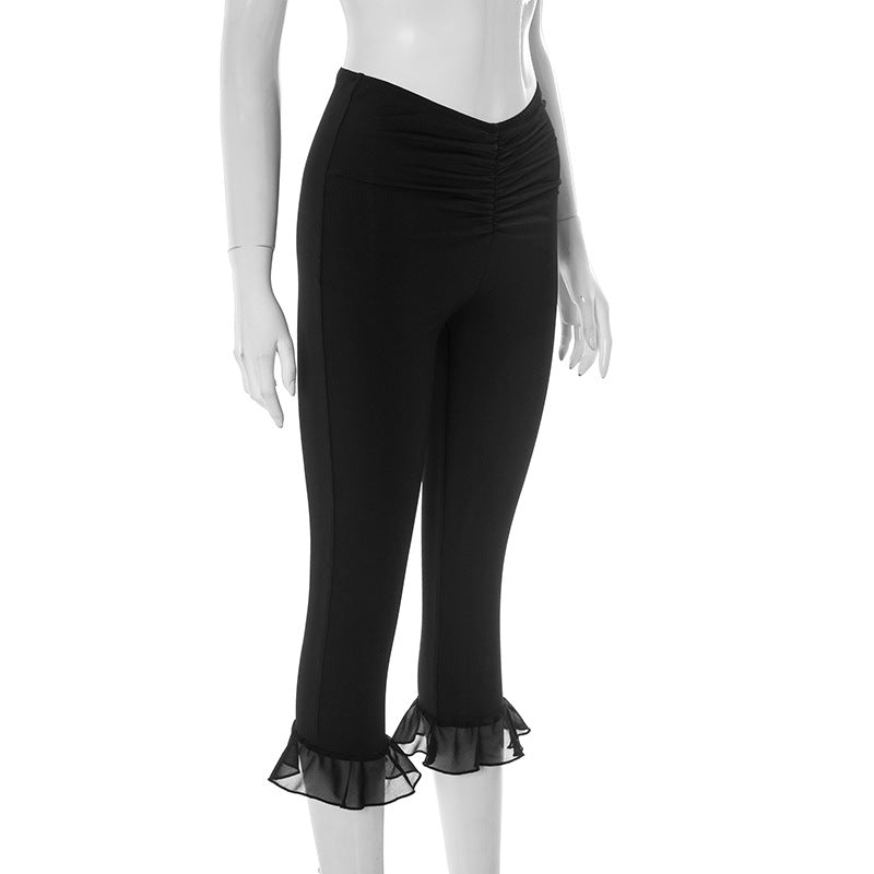 Women's Spring and Summer Ruffled V Waist Solid Color Elastic 7-point Casual Pants 38