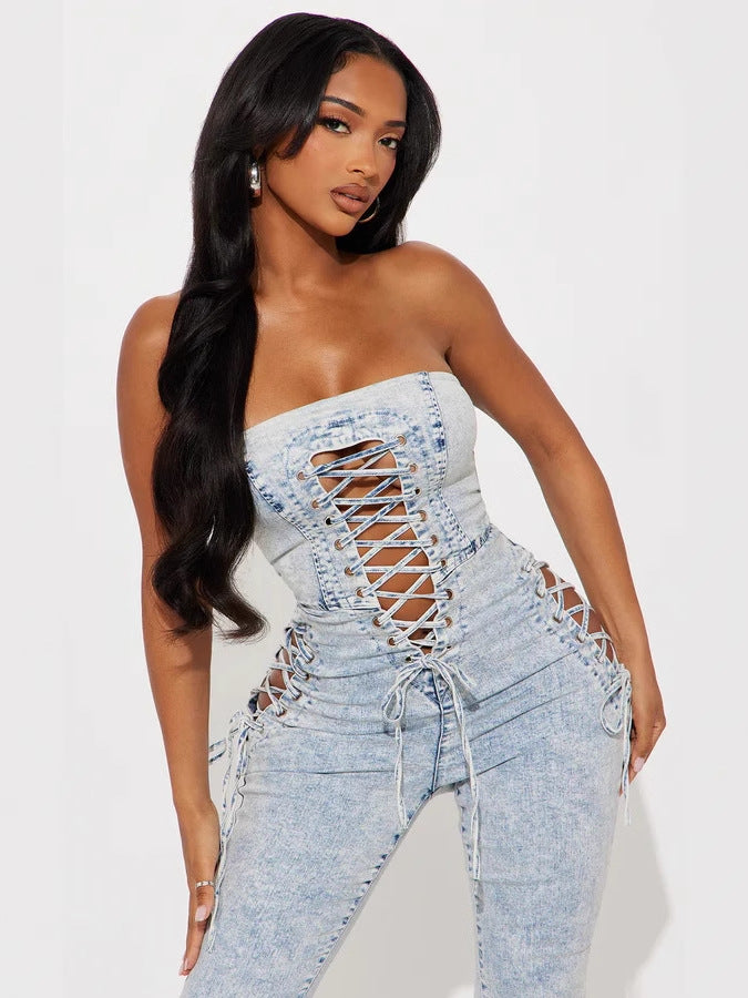 Women sexy Lace-Up Strapless washed Denim Jumpsuit 4