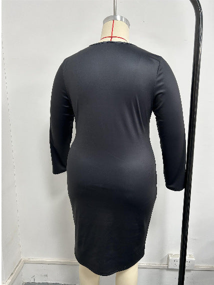 Plus Size Women's Fashion Casual Color Block High Waist Round Neck Long-Sleeve Bodycon Dress 10