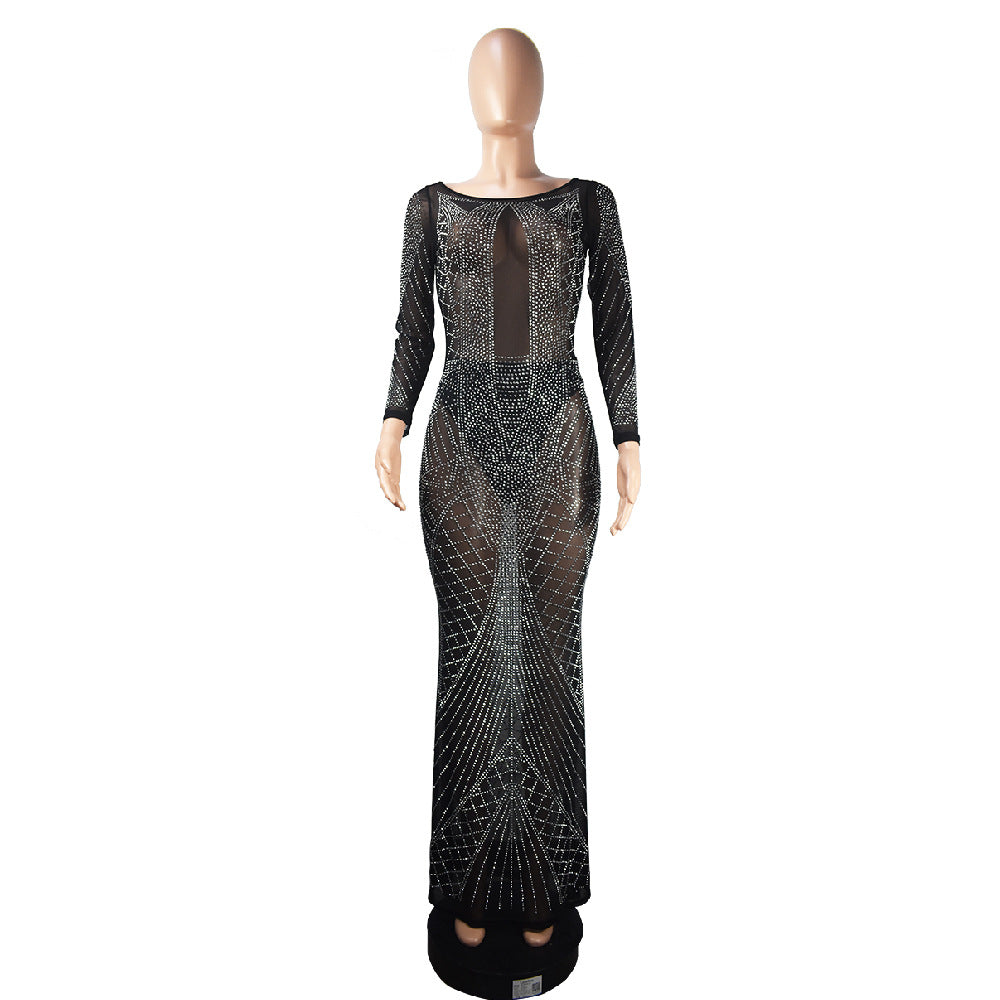 Fashion Autumn Long Dress Beaded Low Back Sexy Evening Dress 16