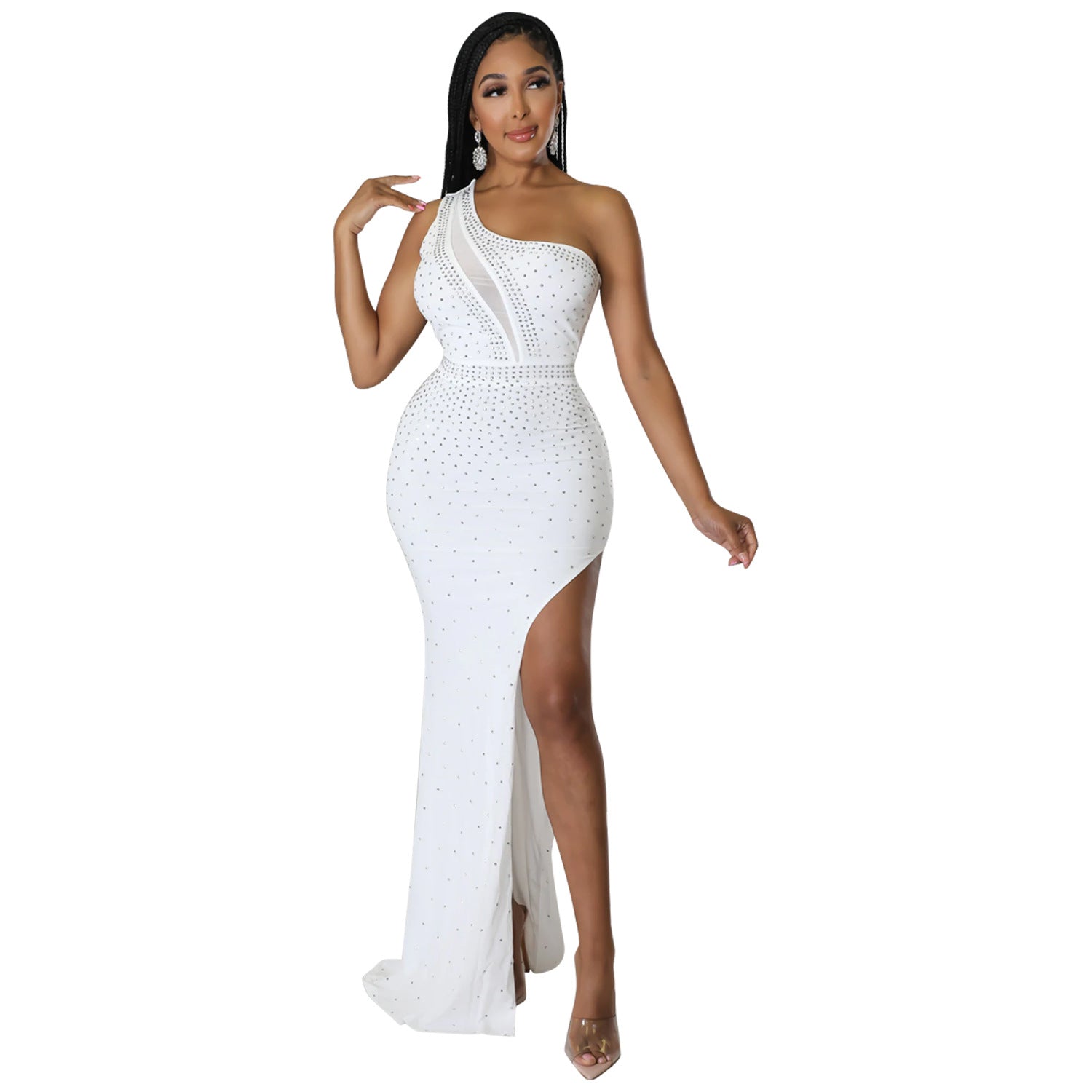 Summer Women'S Sexy One Shoulder Rhinestone Beaded Nightclub Long Dress 5