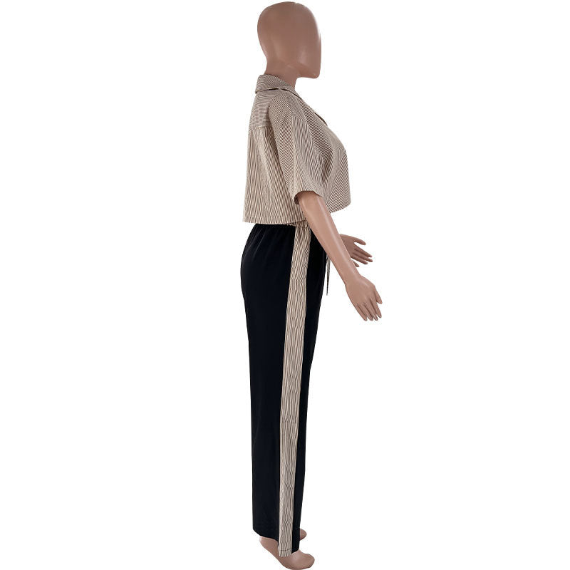 Women's Fashion Casual Summer Striped Shirt Top Loose Straight Pants Two Piece Set 8