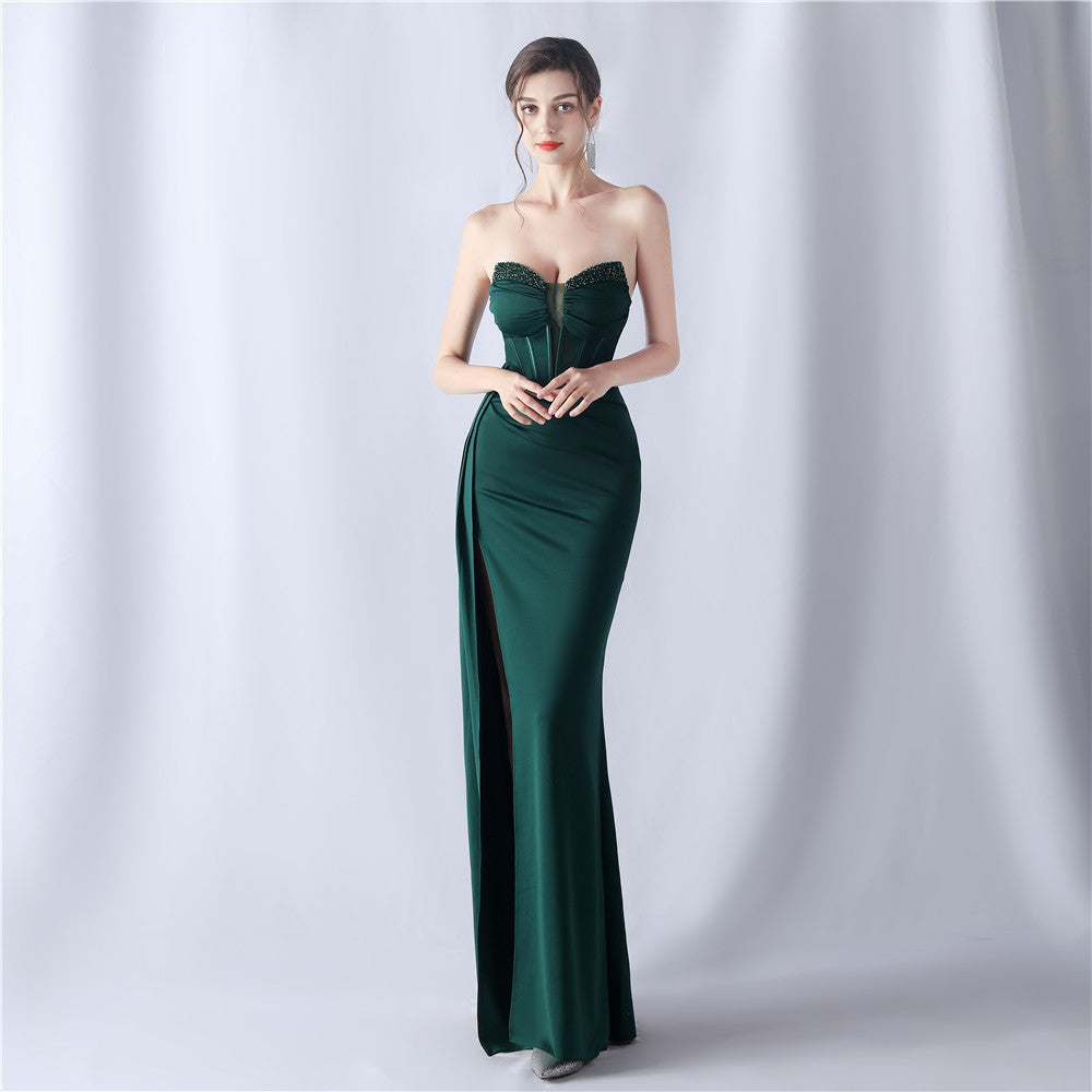 Women fishbone beaded high-end slit evening dress 10