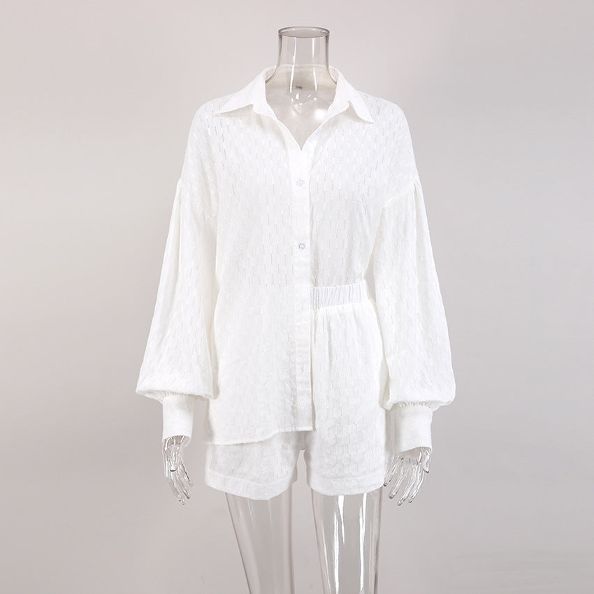 Summer Women Shirt Jacquard Puff Sleeve Top And Shorts Two-piece Set 28