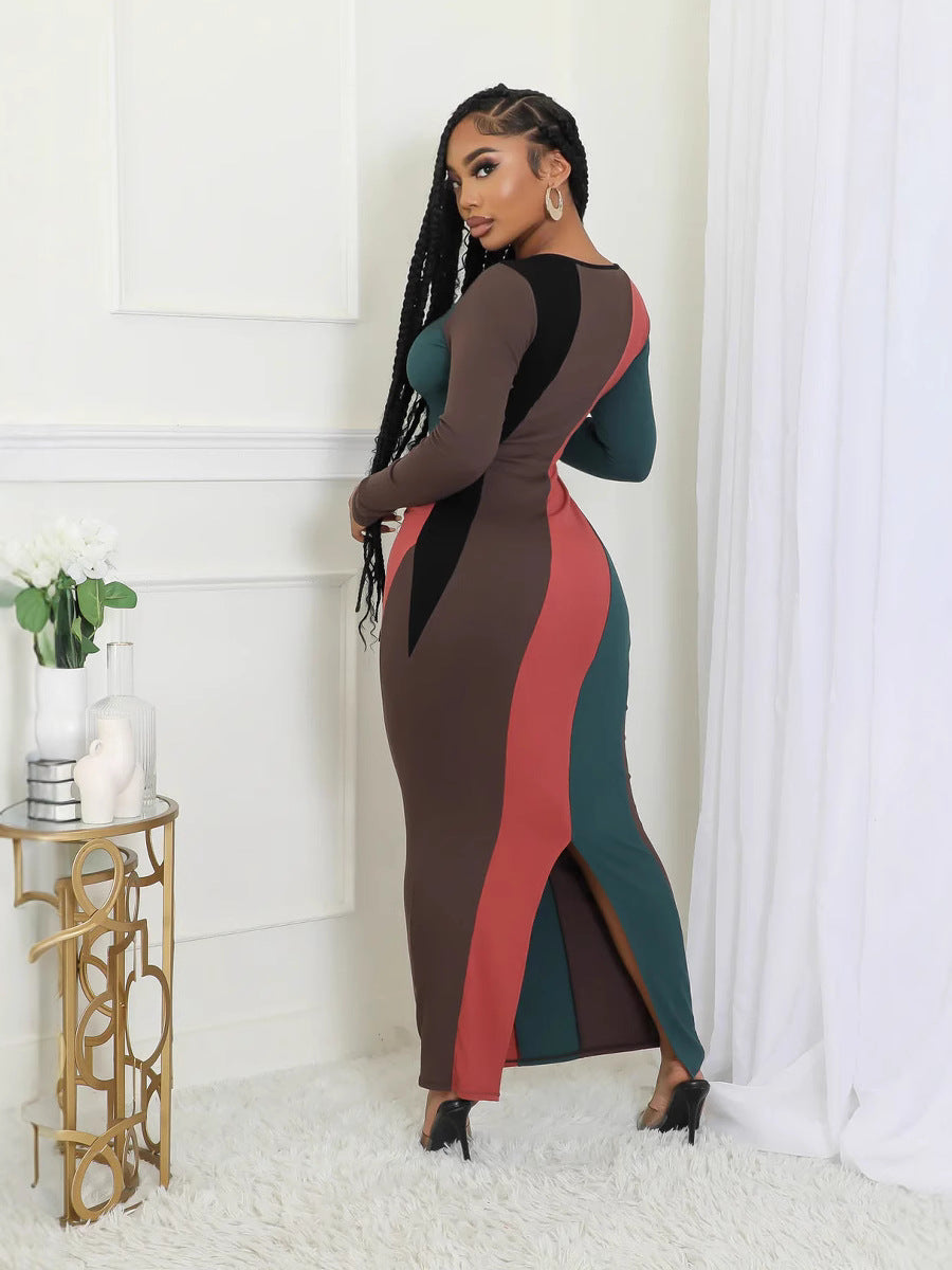 Women's Fashion Multi-Color Patchwork Long-Sleeved Ribbed Casual Dress