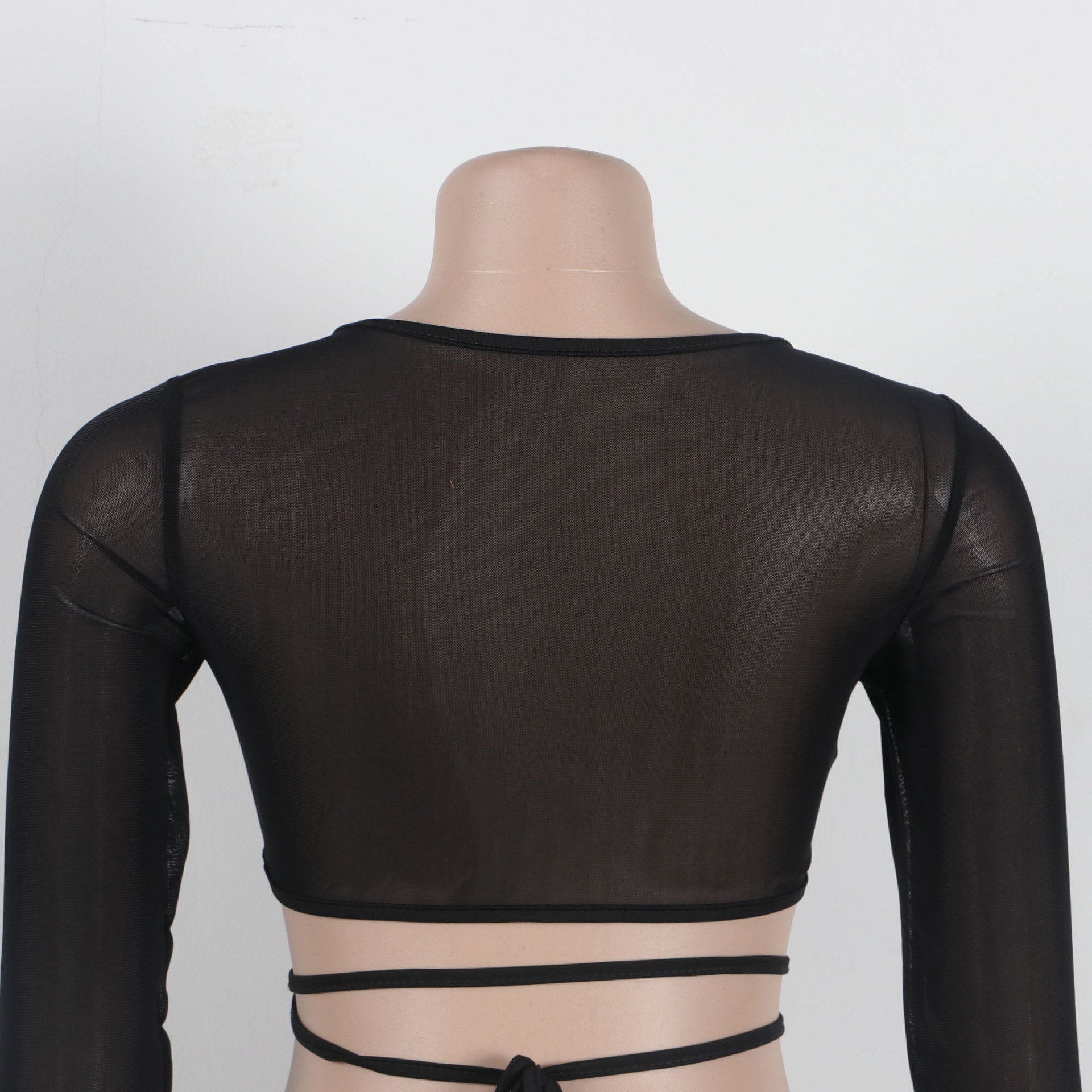 Women Sexy Patchwork Beaded Lace-Up Long Sleeve Crop Top and Shorts Two-piece Set 15