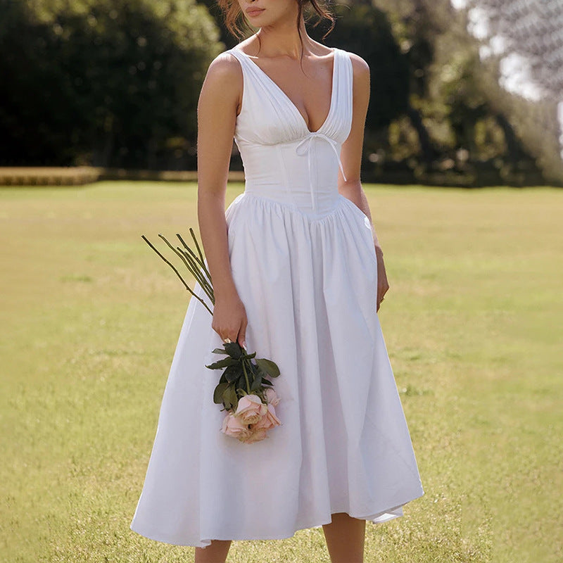 Autumn women's elegant fashion print Strap V-neck high waist Low Back a-line Dress 8