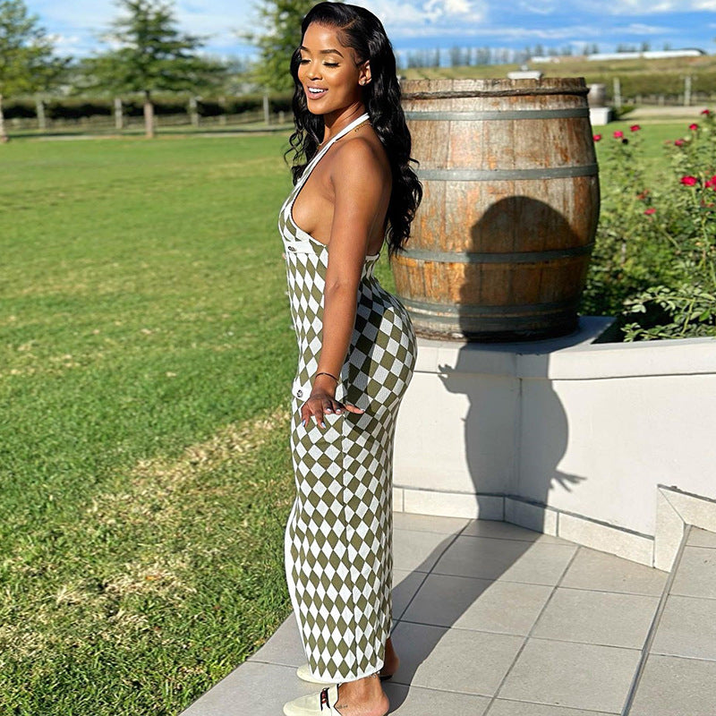 Women's U Neck Tight Fitting Dress Sexy Halter Plaid Low Back Slit Long Dress 5