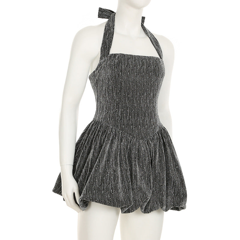Fashion Dinner Style Shiny Halter Neck Strapless Slim Waist A-Line Bubble Party Short Dress 8