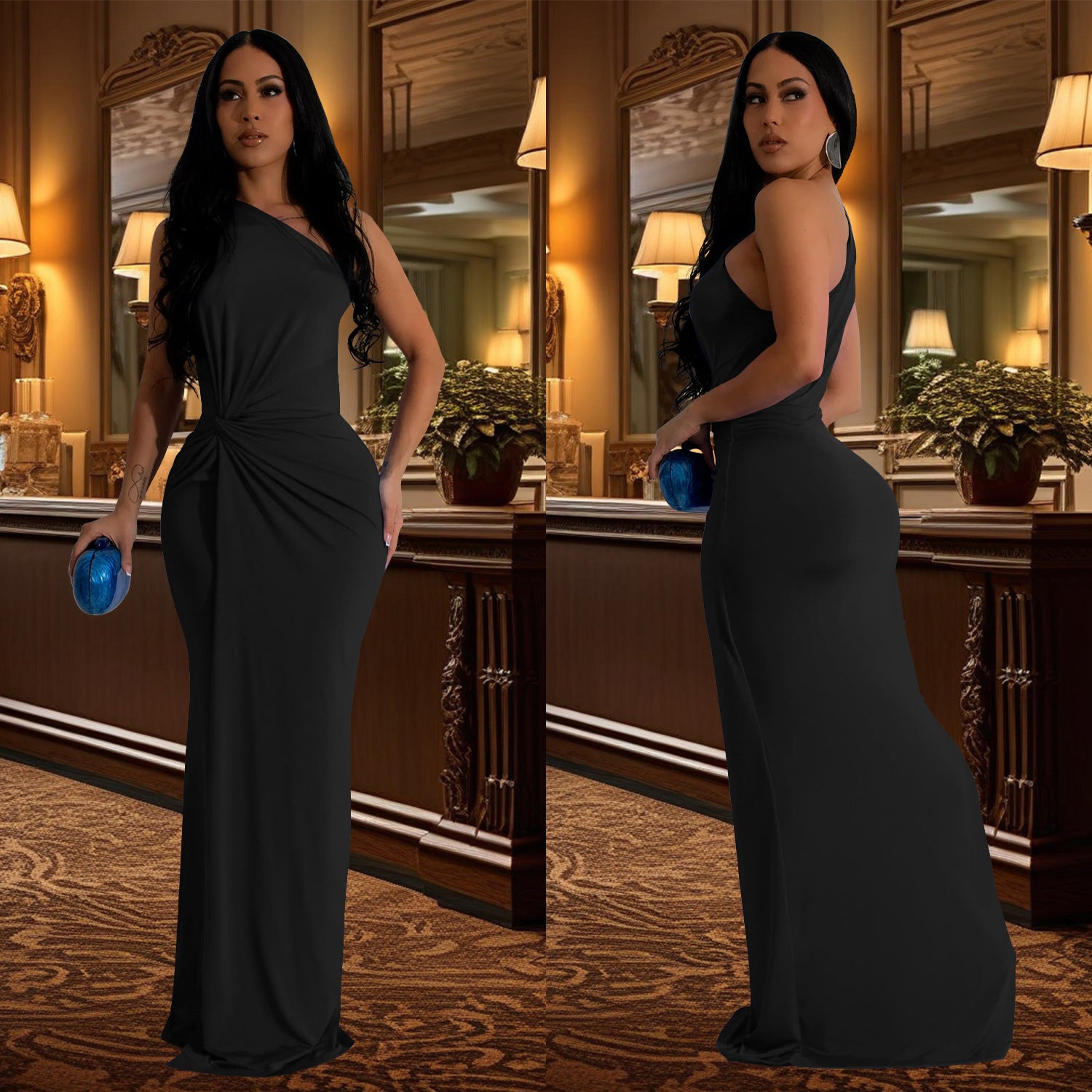 Fashion women one shoulder slim evening dress