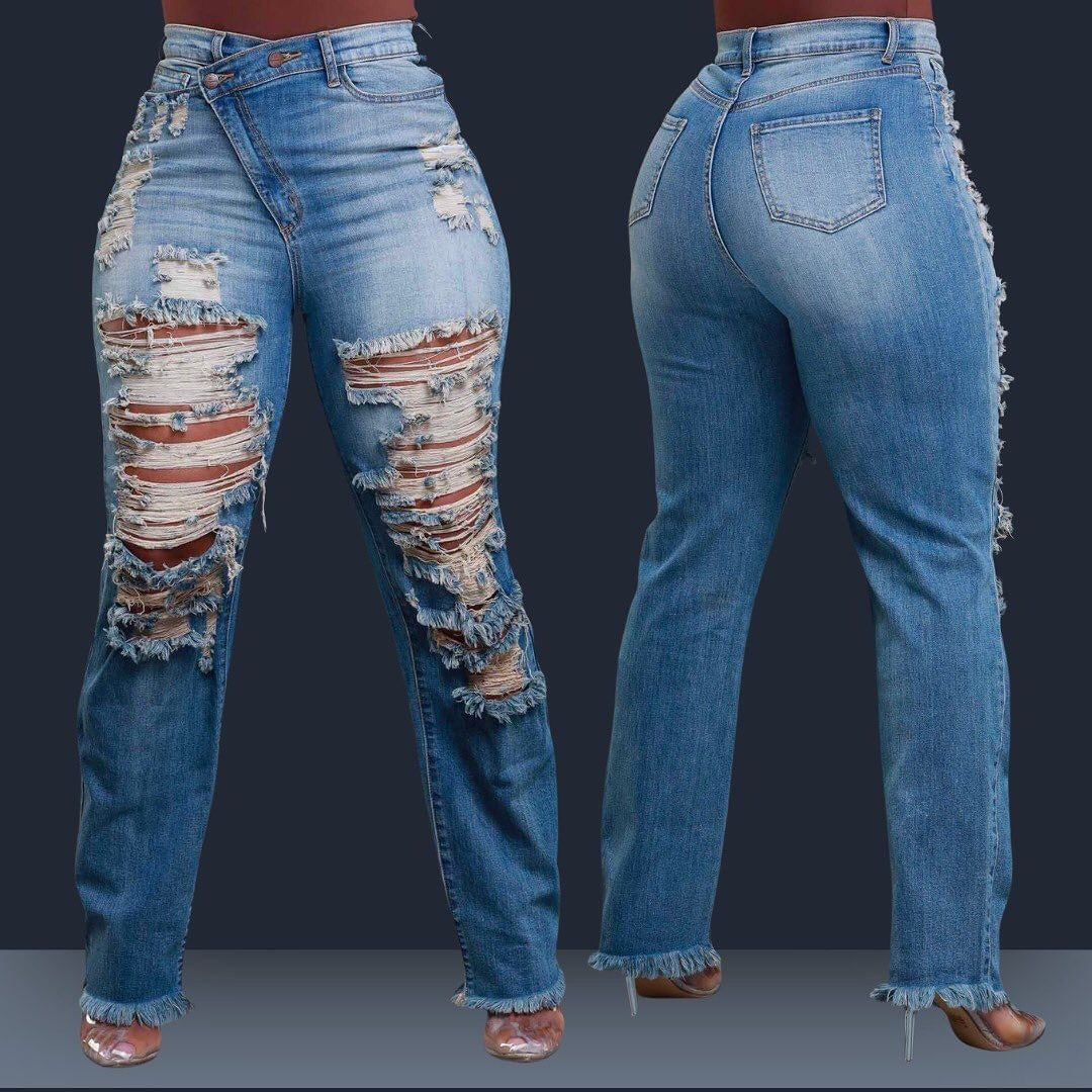 Autumn Winter Women's Straight Elastic Waist Ripped Denim Pants