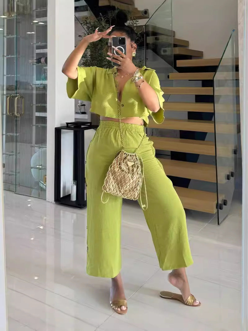 Women turndown collar shirt and nine-point wide-leg pants two-piece set 4