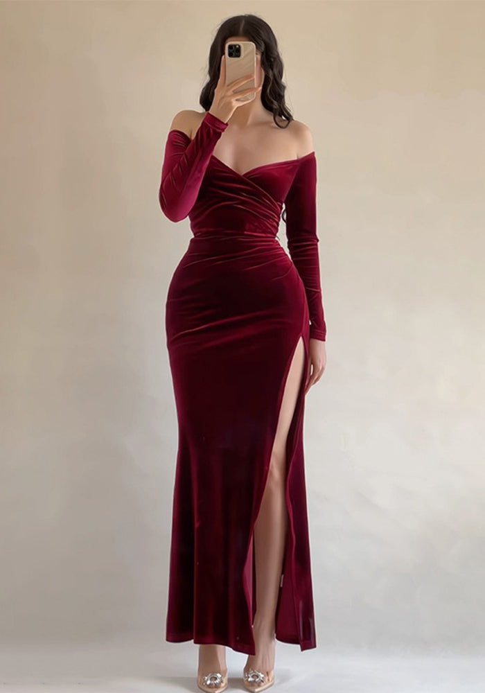 Women Off Shoulder Sexy Slit Velvet Dress