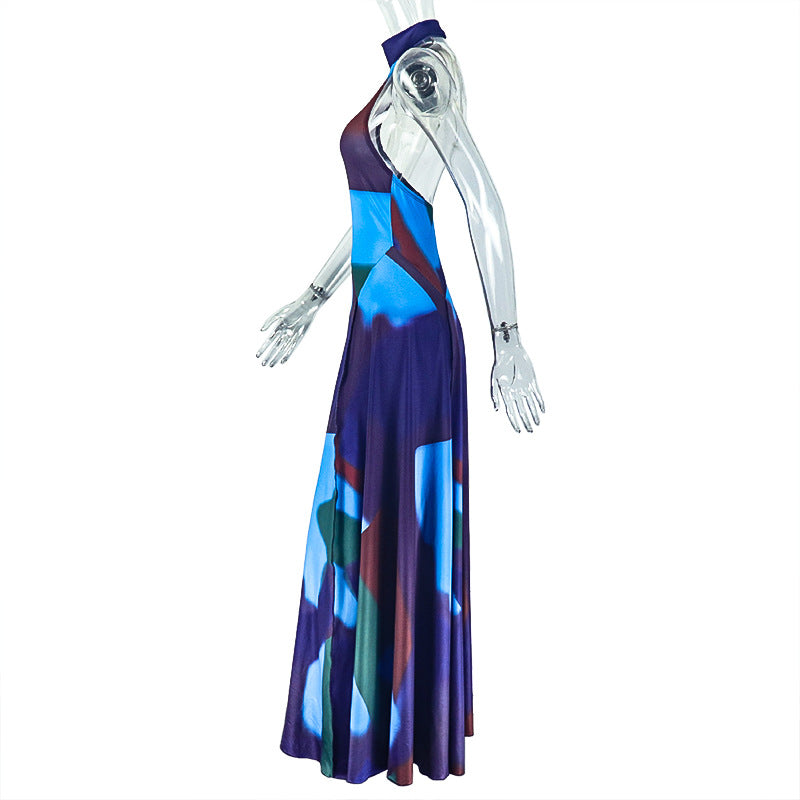 Women's Fashion Print Halter Low Back Sleeveless Color Matching Maxi Dress 7
