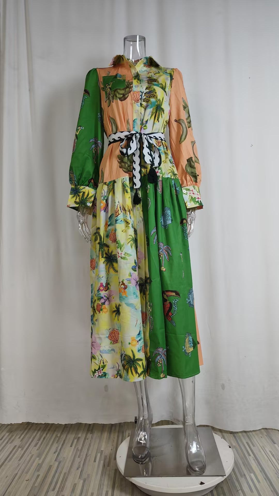 Women Chic Balloon Sleeve Turndown Collar Long Sleeve Dress 43