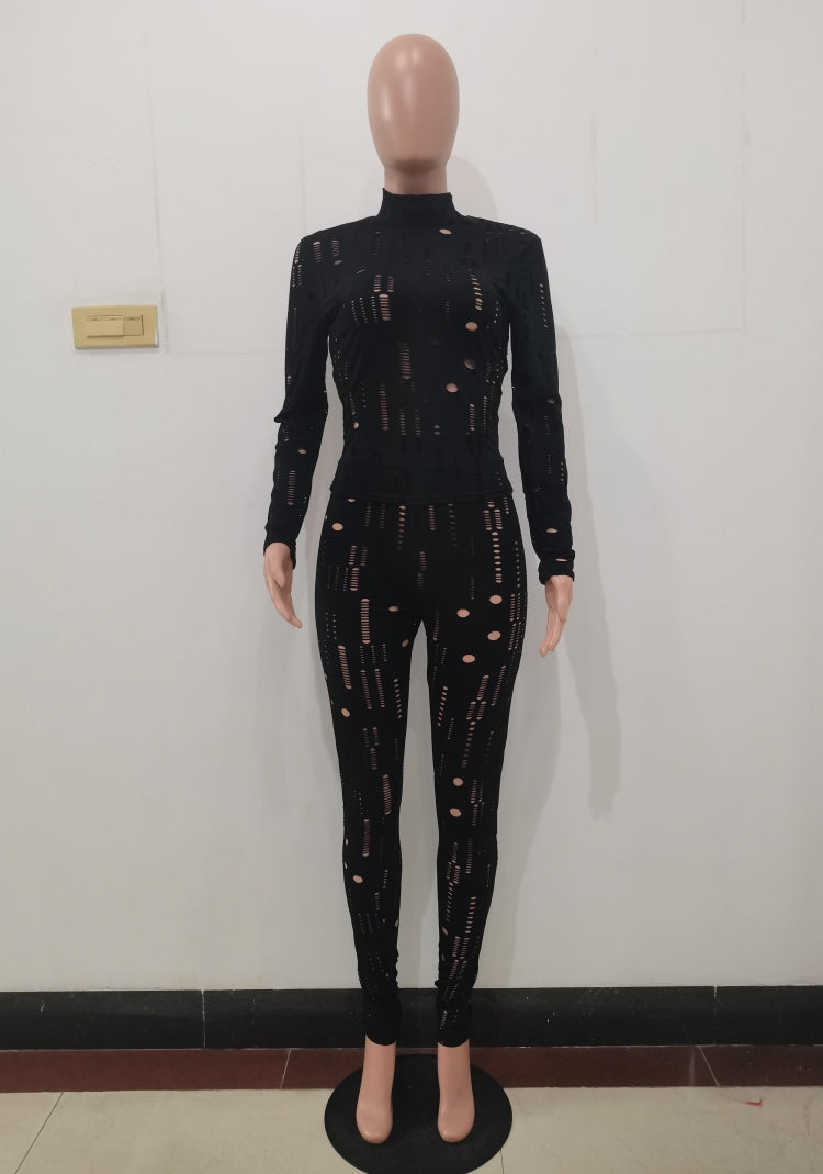Spring Black Sexy Hollow Out Tight Top and Pants Two Piece Set 8