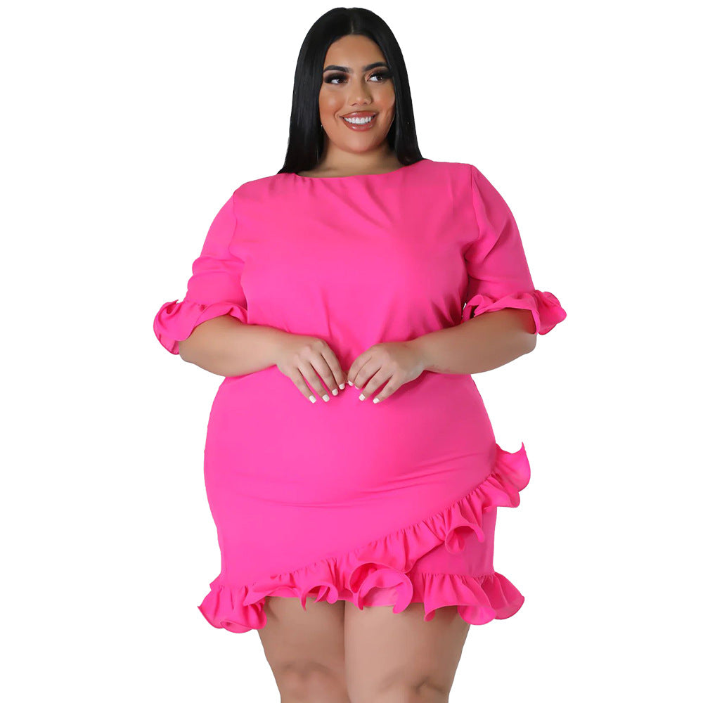 Plus Size Women's Fashion Fit Round Neck Solid Ruffle Casual Dress 11