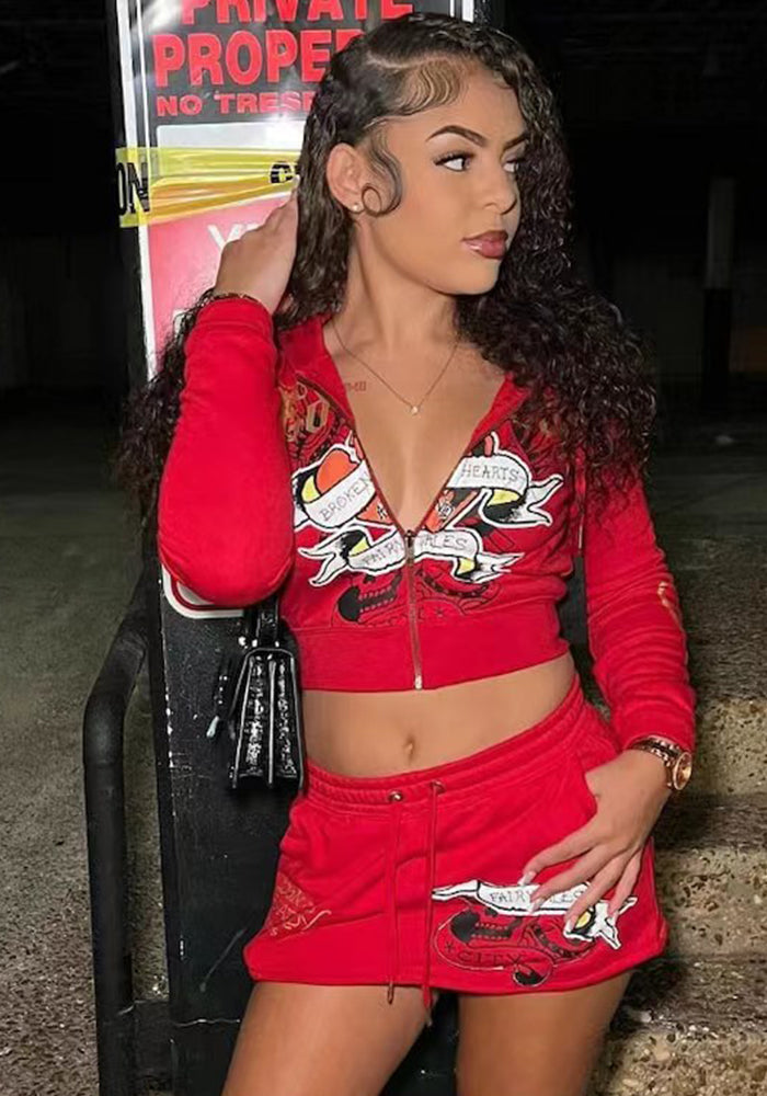 Spring Women's Fashion Positioning Print Hooded Casual Two Piece Skirt Set