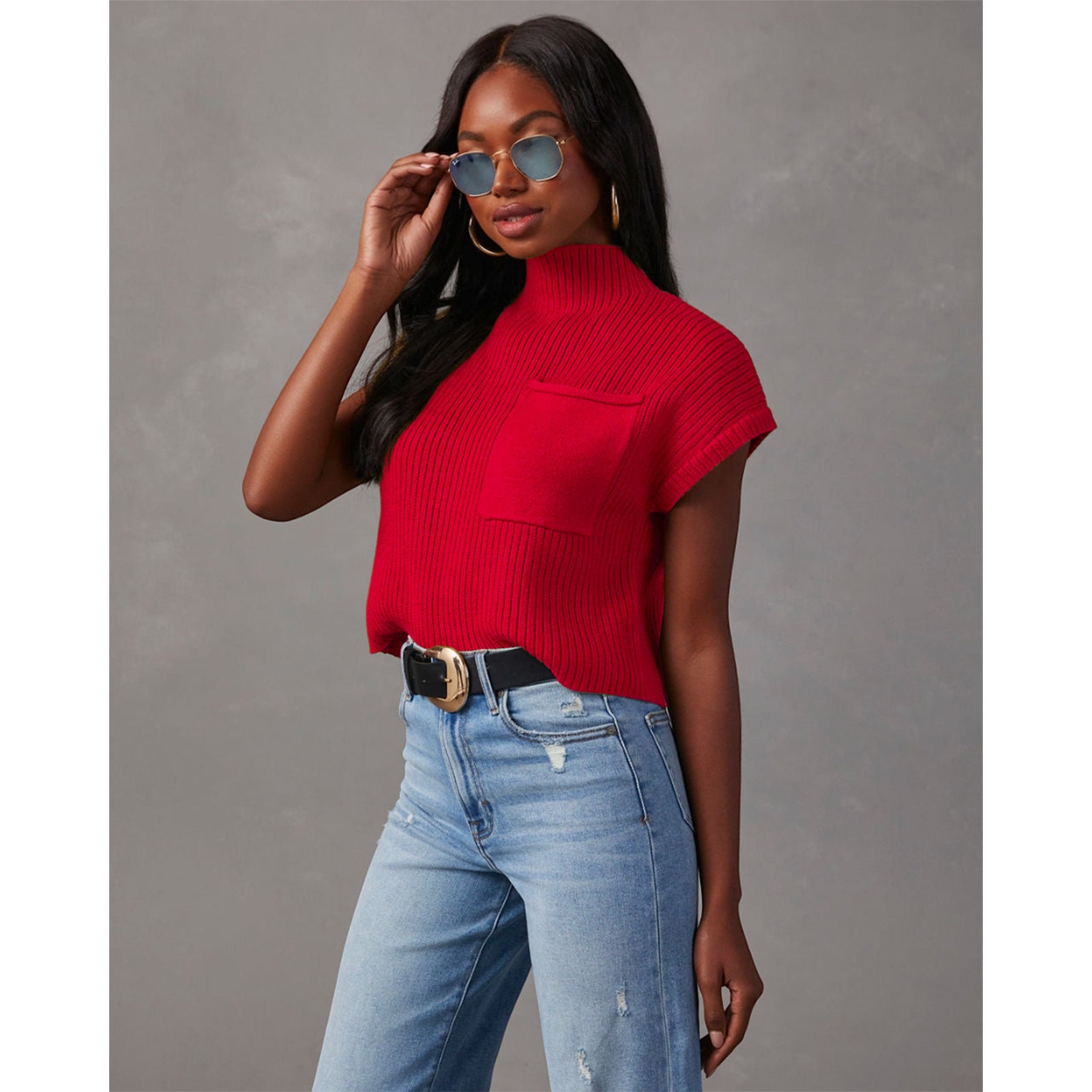 Women's Solid Color Knit Ribbed High-Neck Short Sleeve Top Sweater 3