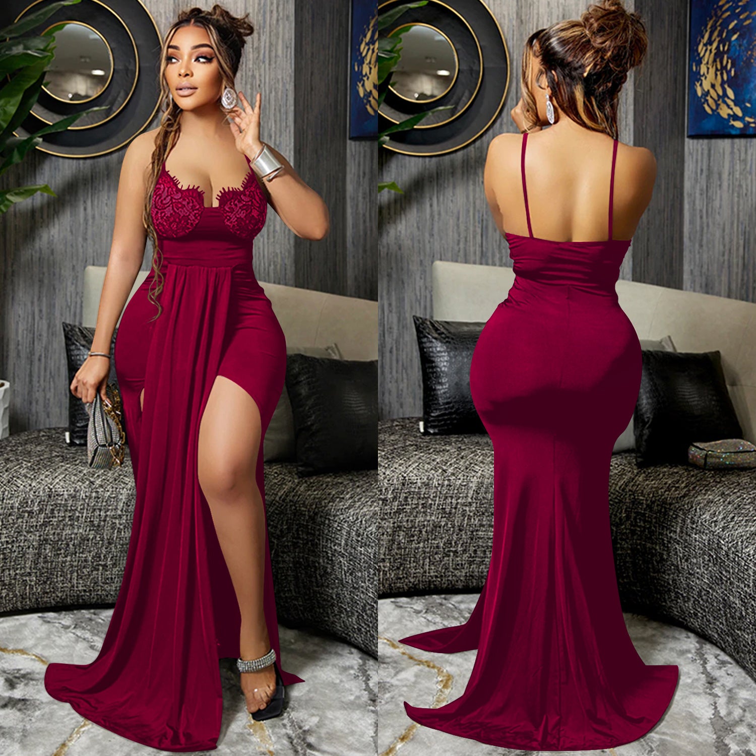 Fashion Solid Color Elegant Sexy V-Neck Sling Low Back Irregular Dress Long Dress（customized,MOQ 6pcs/size/color,process time 7-10 days） 8