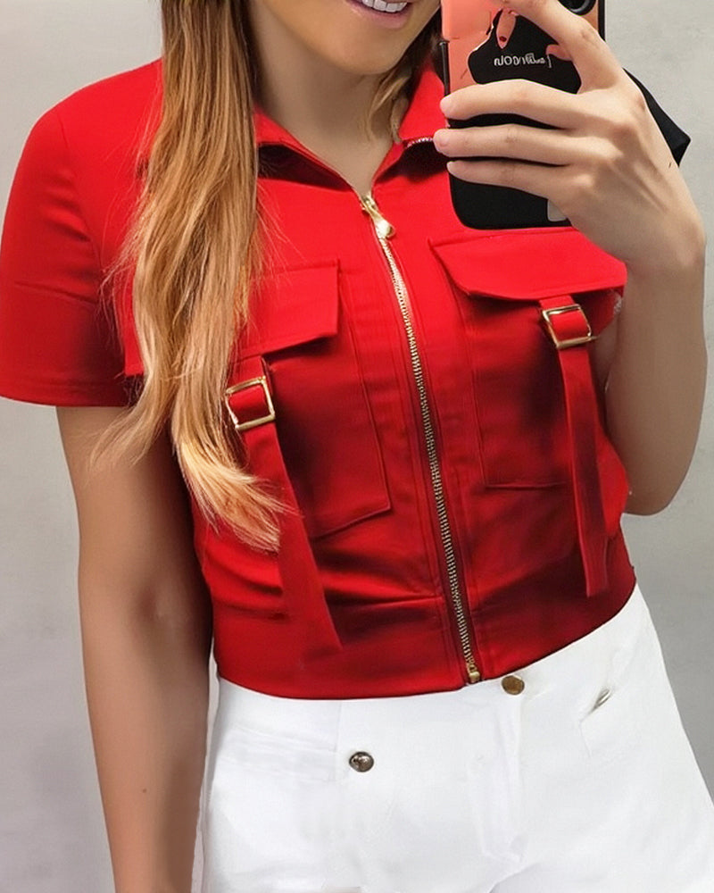 Women's Red Short-sleeved Casual Patch Pocket Turndown Collar Shirt Top 4