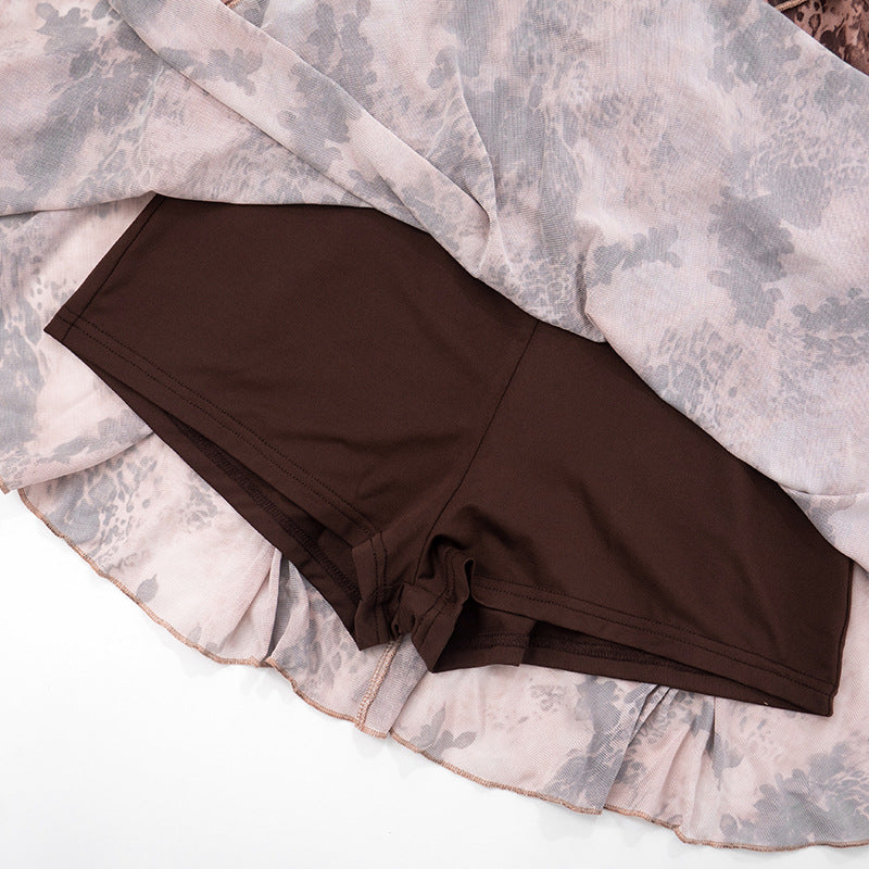 Women Summer/Autumn Ruffled Collar Long-Sleeved Mesh Leopard Print Off-The-Shoulder Pleated Dress 25