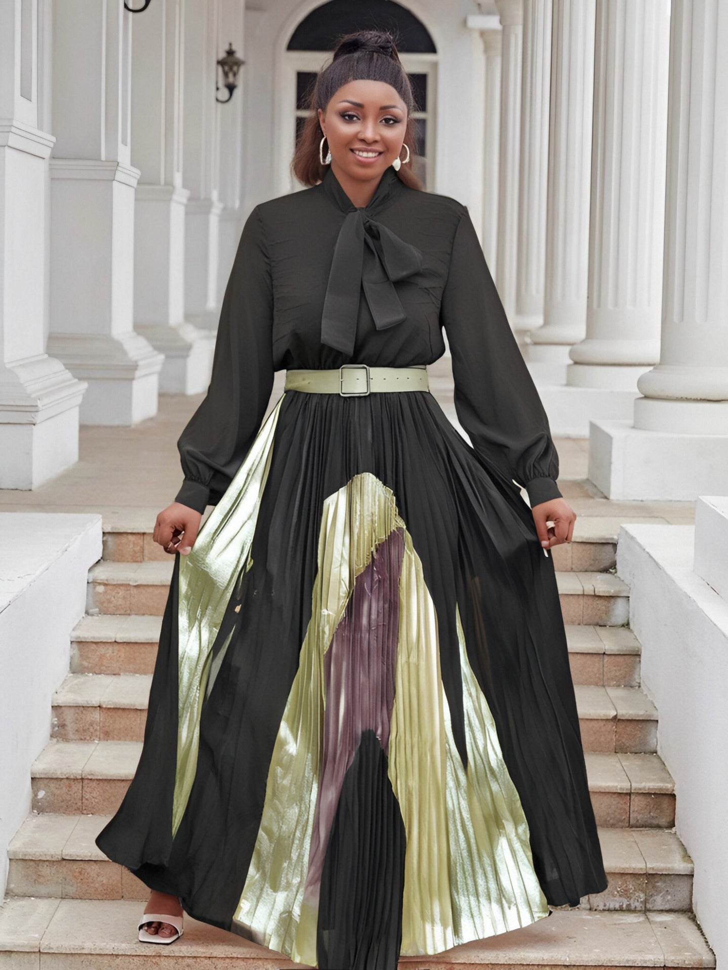 Plus Size Women lace-up long sleeve color matching pleated dress 3