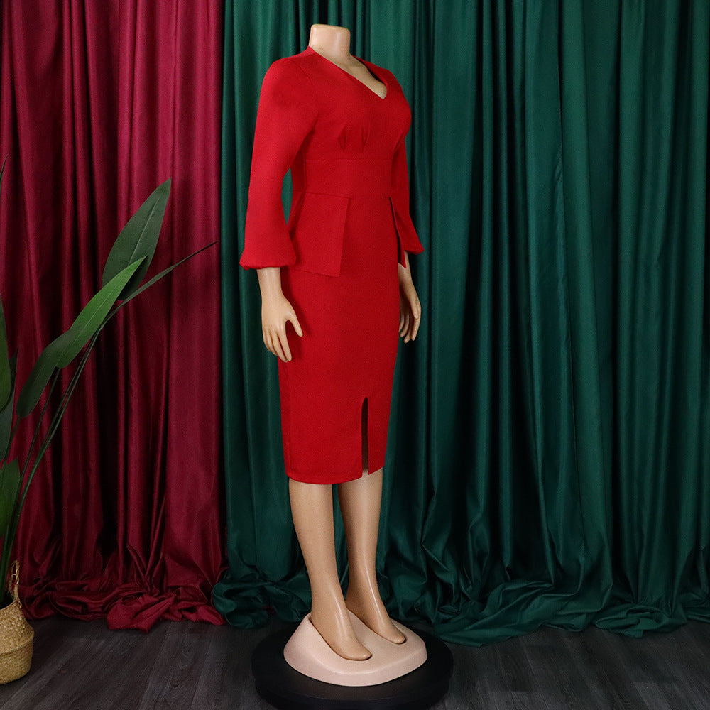 African Women v-neck puff sleeve slit dress 23