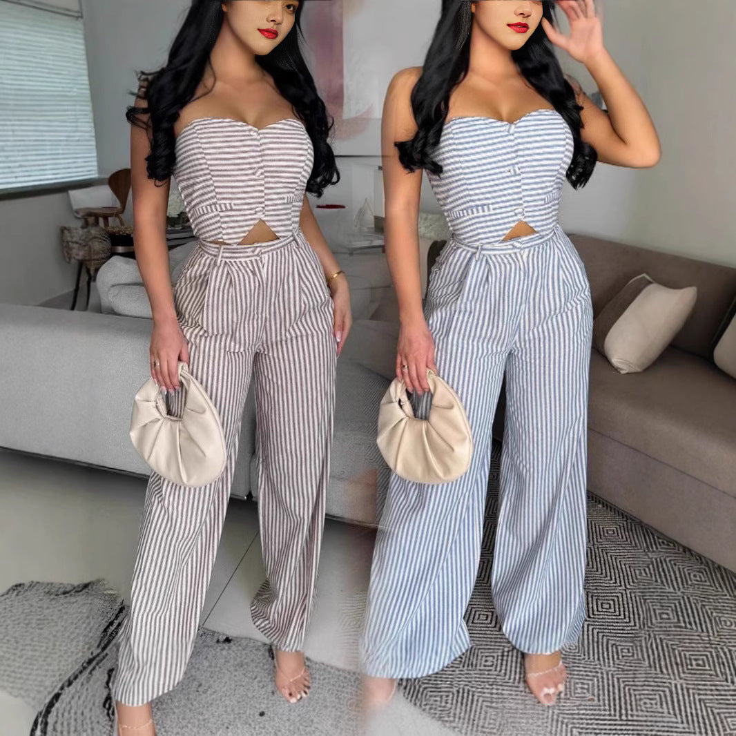 Women Backless Striped Sleeveless Strapless Top and Pants Two-piece Set 6