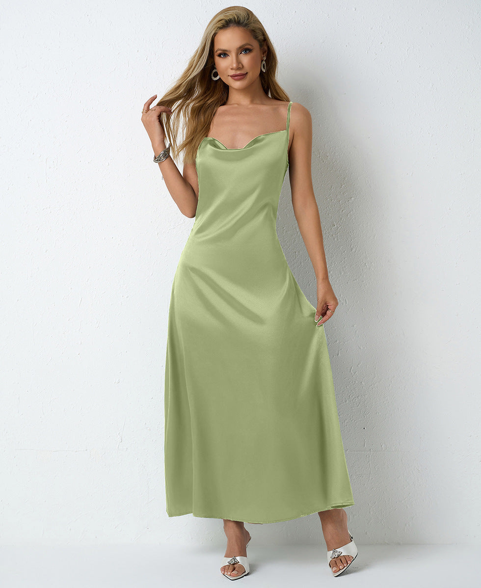 Women Pleated Sleeveless Satin Dress 49