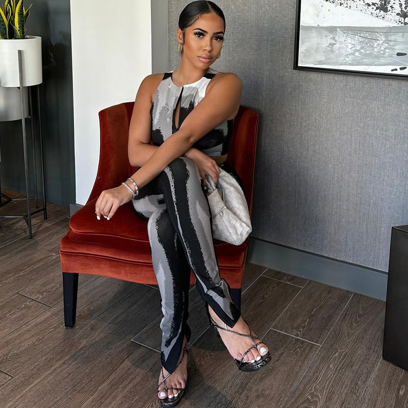 Women Zipper Print Top and Long Pants Two-piece Set 5