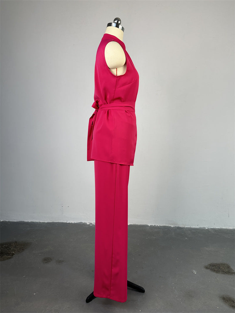 Women's Summer Stand Collar Buttoned Sleeveless Slim Waist Belt Top Wide Leg Pants Two Piece Set 14