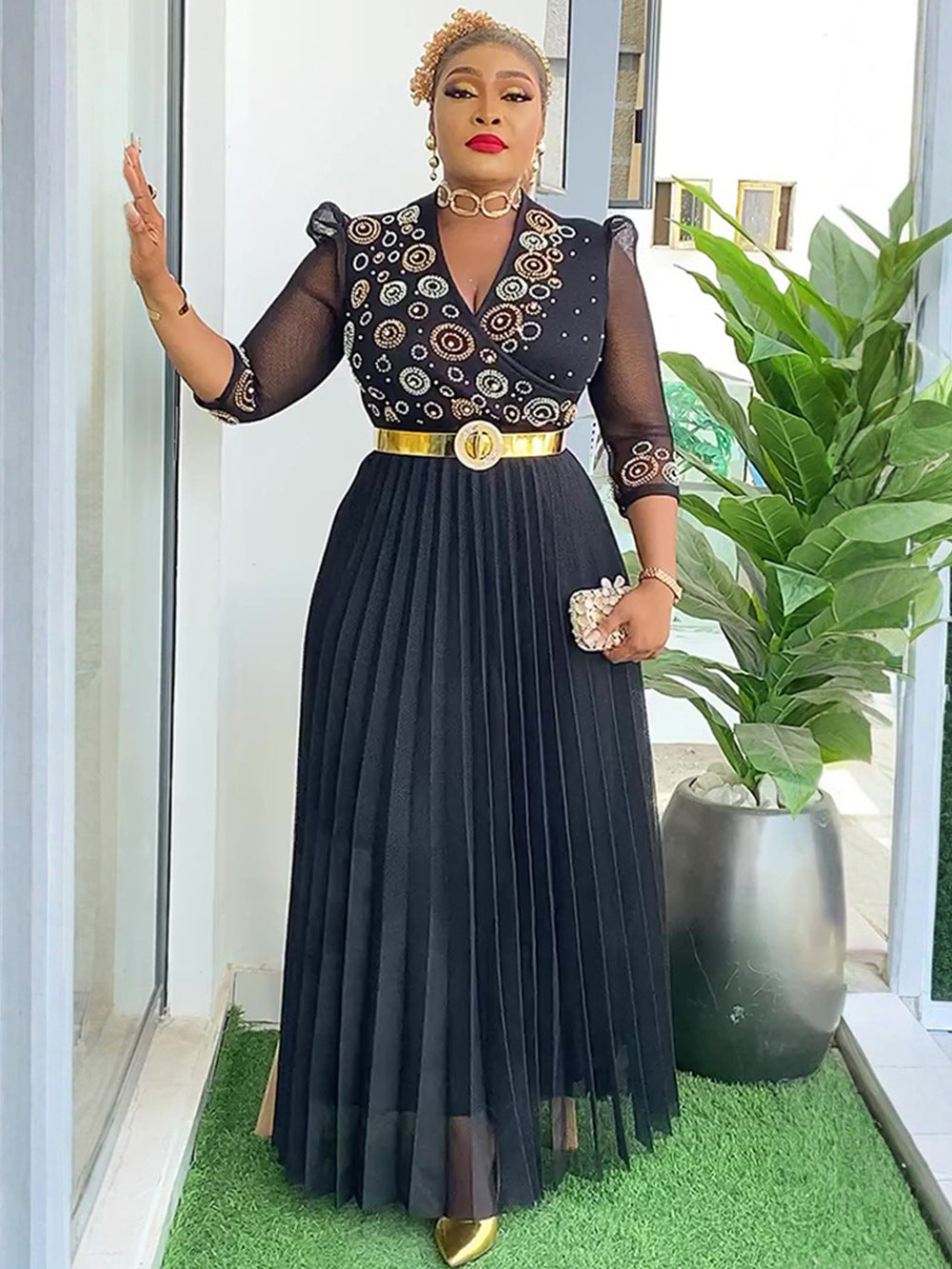 Beaded V-Neck Formal Party/Evening Dress African Plus Size Chic Elegant Dress for Women 8