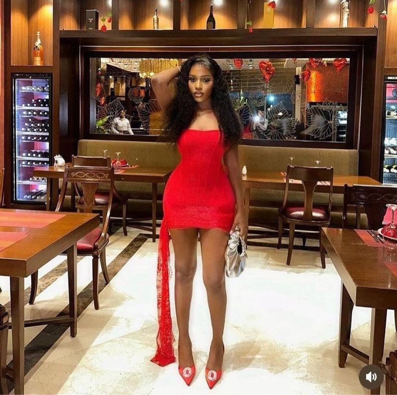 Women Strapless Sexy Lace Irregular Bodycon Dress 7