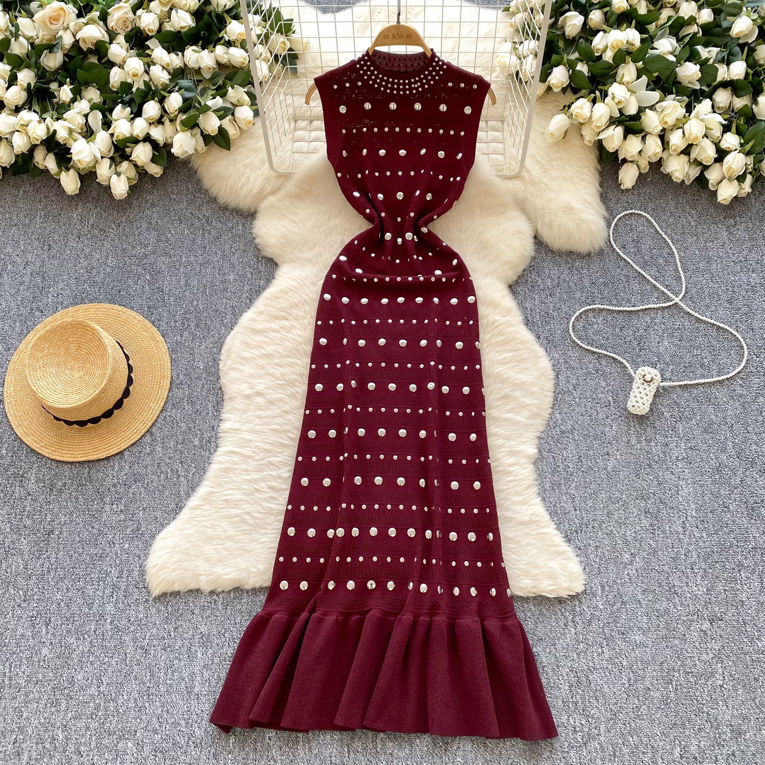 Women's Summer Sleeveless Stand Collar Diamond Slim Luxury Fishtail Long Dress