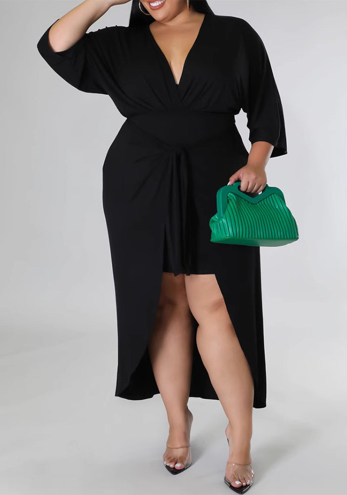 Women Sexy Mid-Long Sleeve V-Neck Lace Solid Irregular Bodycon Dress