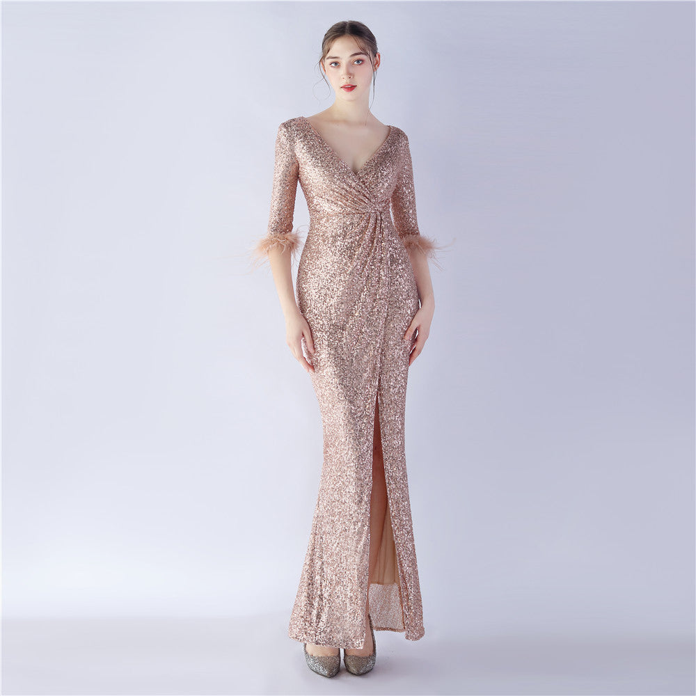 Sexy Feather Sequined Long-Sleeved Evening Dress 7