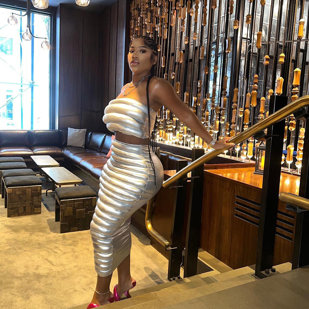 Winter Women's Sexy Cotton-Padded Crop Strapless Top Slim Long Skirt Two Piece Set 3