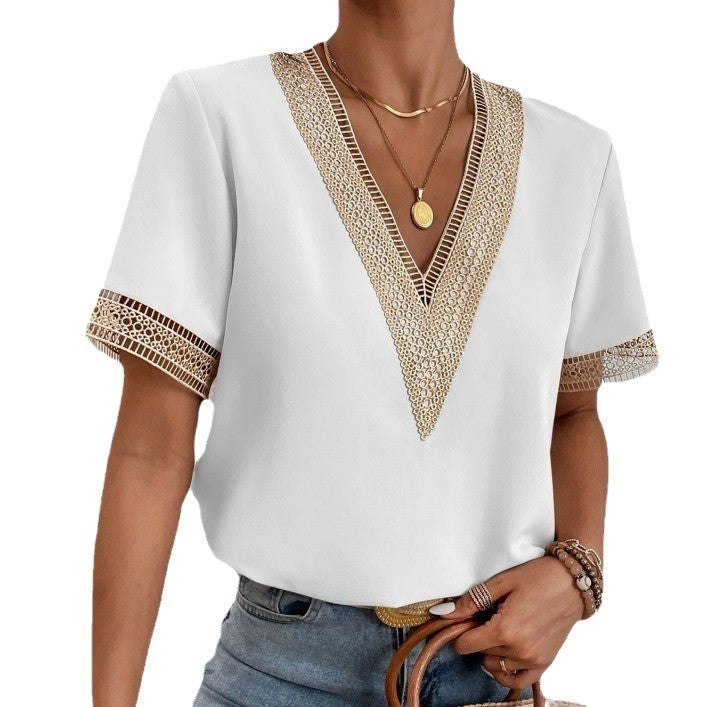 Women's V-Neck Lace Loose Blouse Chic Career Short Sleeve Women's Shirt 20