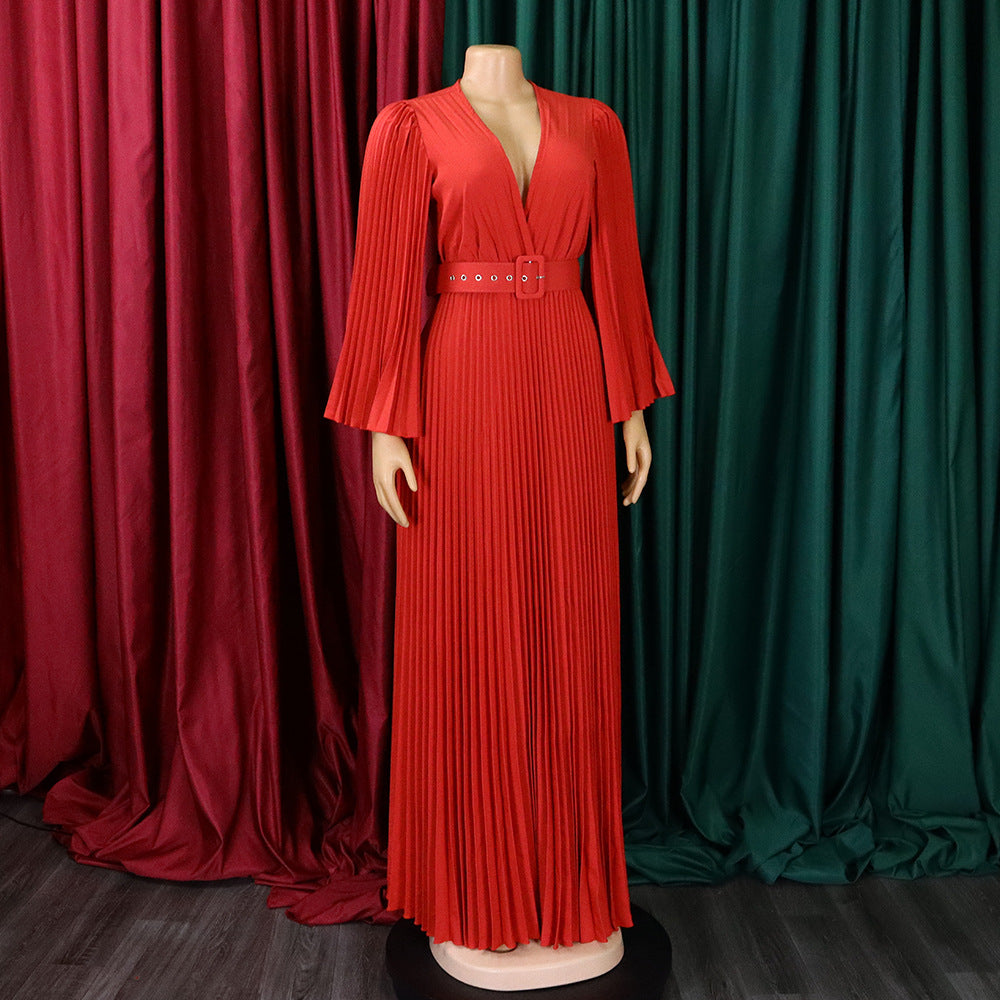 Elegant Women'S Solid Color V-Neck Sexy Pleated Long Dress Maxi Dress 16
