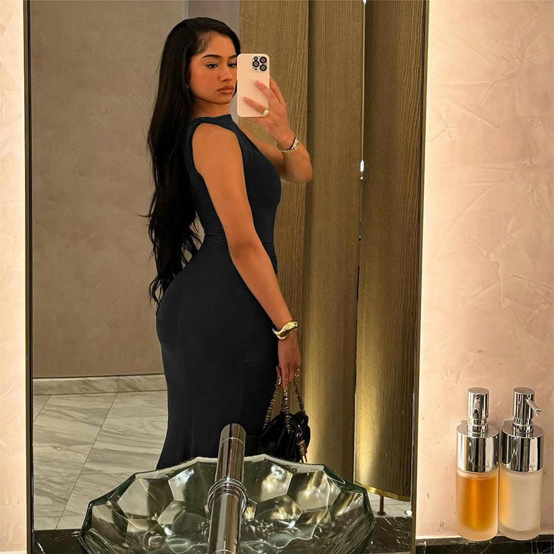 Spring Fashion Solid Color Sleeveless Pleated High Waist Slim Fit Long Dress 4