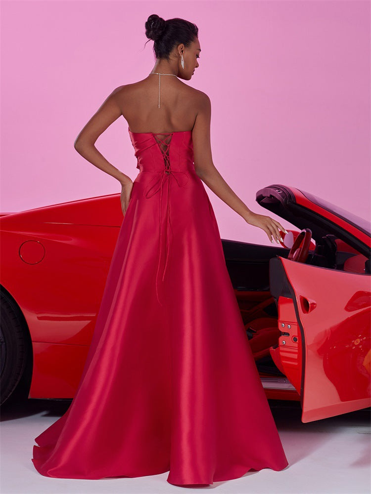 Women's Elegant Low Back Strapless A-Line Red Bridesmaid Formal Evening Dress 3