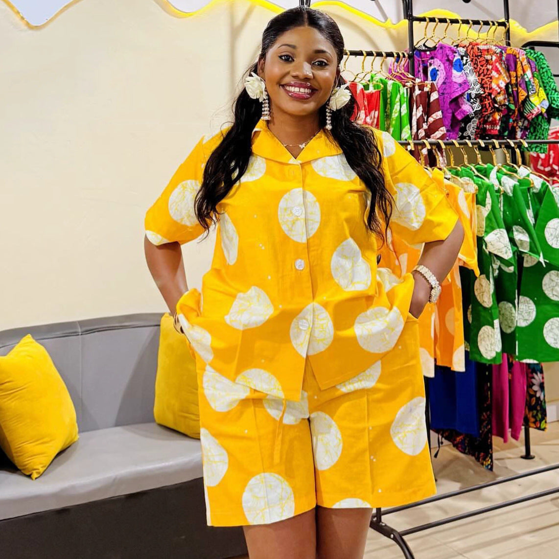 Plus-size African Women printed short-sleeved turndown collar shirt and casual shorts two-piece set 4