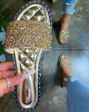 women Round head flat bottom rhinestone slippers beach slippers Plus Size one-line rhinestone slippers 10