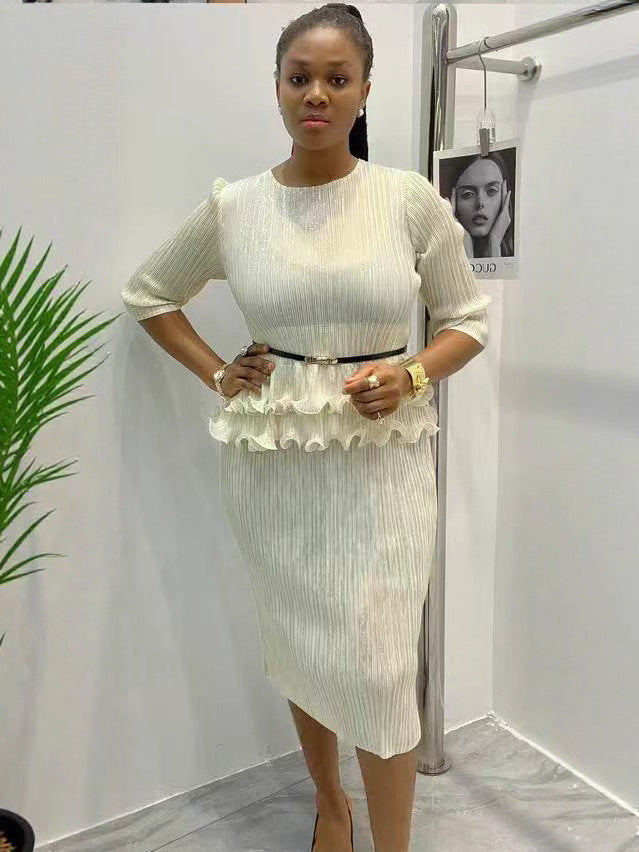 Fashion Pleated Shiny Plus Size African Round Neck Chic Sexy Bodycon Dress 6