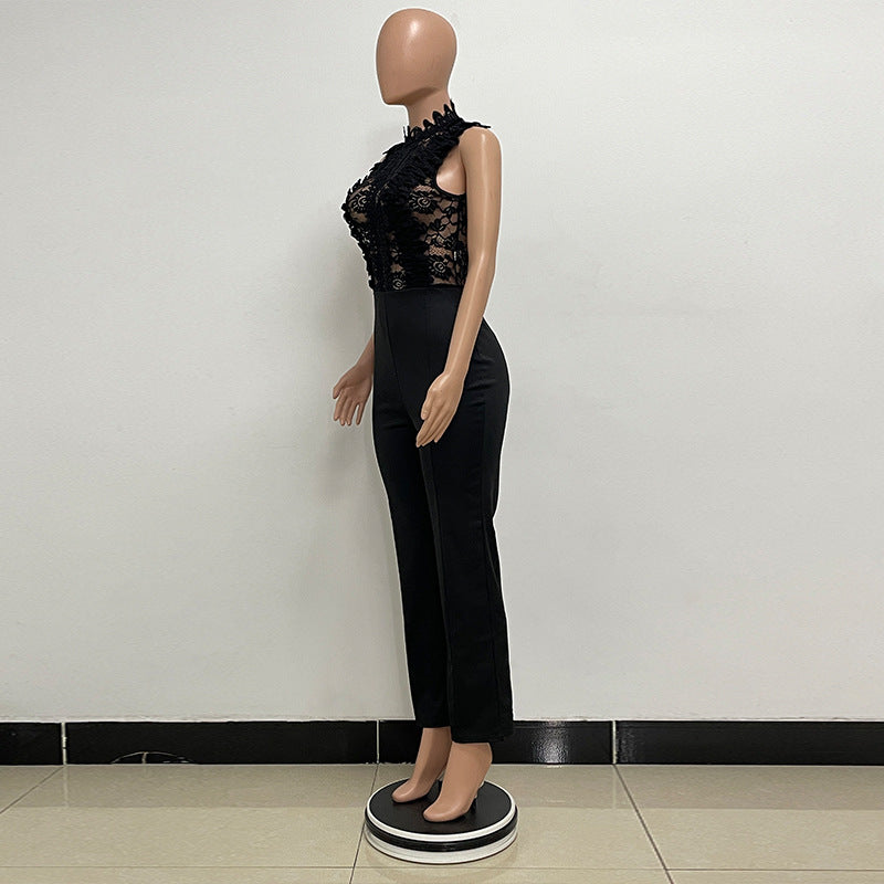 Women's High Neck Fashion Sleeveless Lace Patchwork Straight Leg Women's Jumpsuit 11