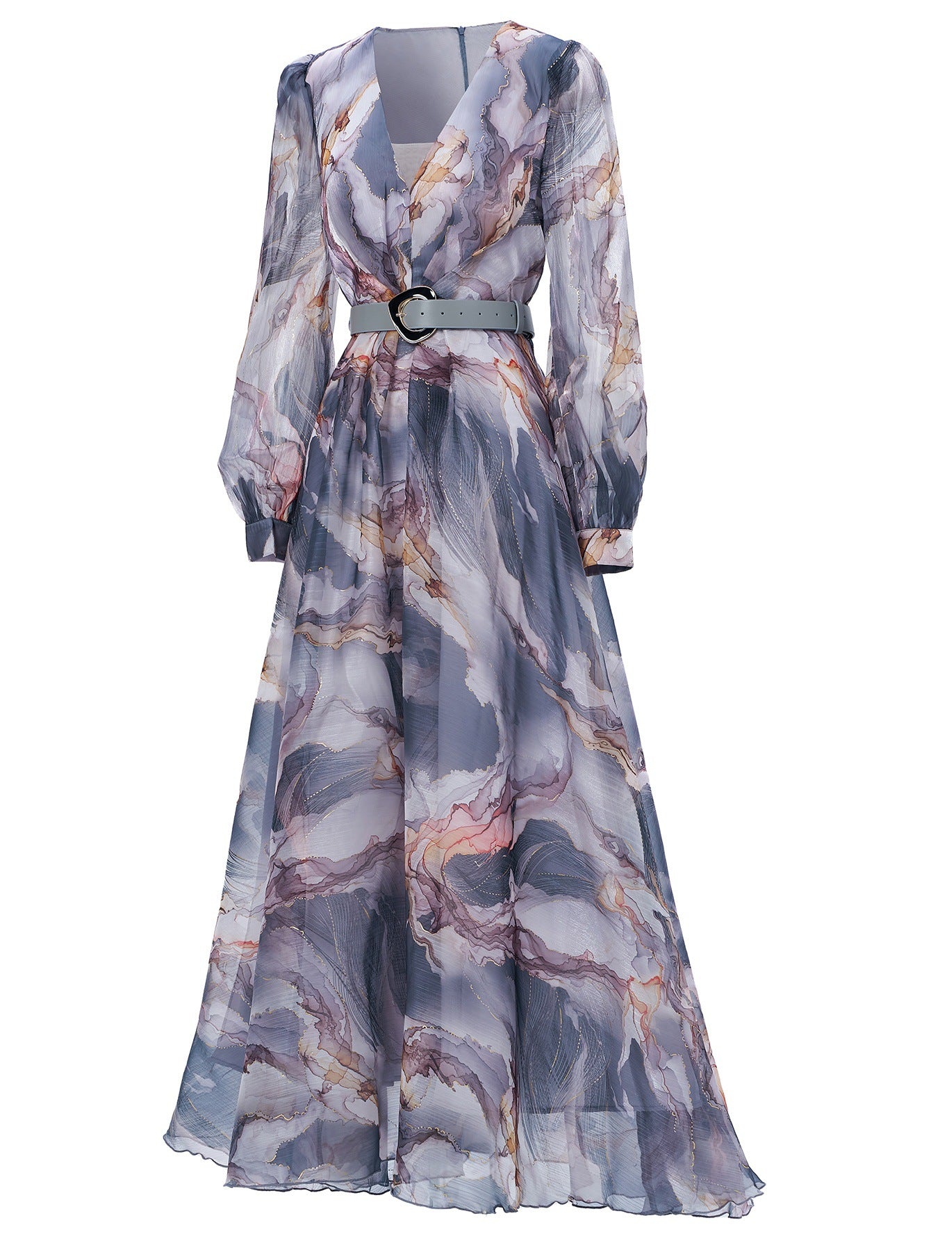 Women long-sleeved V-neck pleated Formal Party mesh dress 9