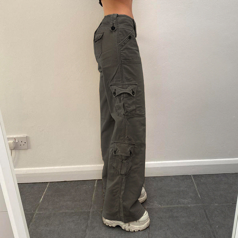 Pockets Cargo Denim Pants Low Waist Solid Color Loose Casual Trousers 6